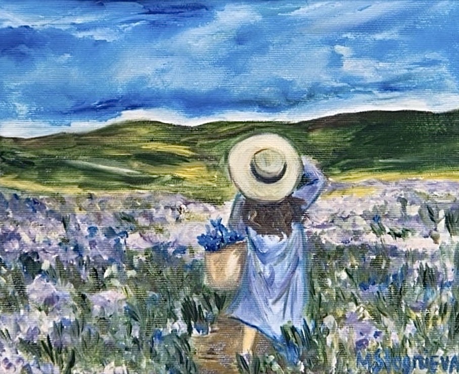 Lavender Field — original painting by Marina Stognieva, oil on canvas, 20 × 25 cm